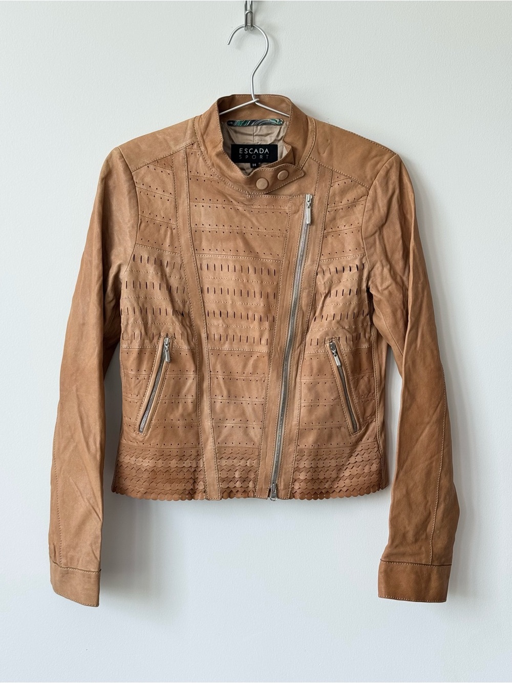 Escada Sport Tan Perforated Lamb Leather Biker Jacket - Size 34 XS